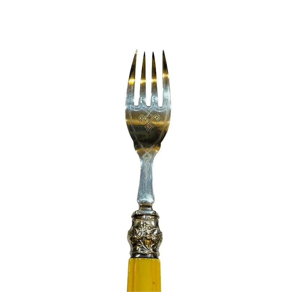 Antique silver plated fish and nickel silver knife and fork faux bone handles